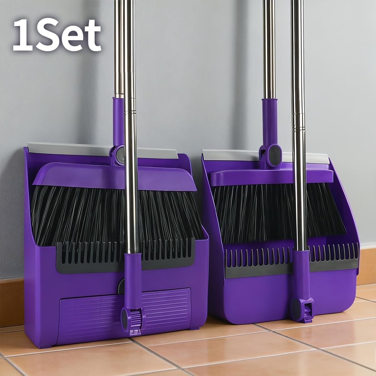 2-in-1 Broom with Dustpan Combo Set,Long Handle Broom Dustpan Combo with Dustpan Teeth to Automatically Clean Hair for Home, Indoor or Outdoor Cleaning Hall Floor (Gray)