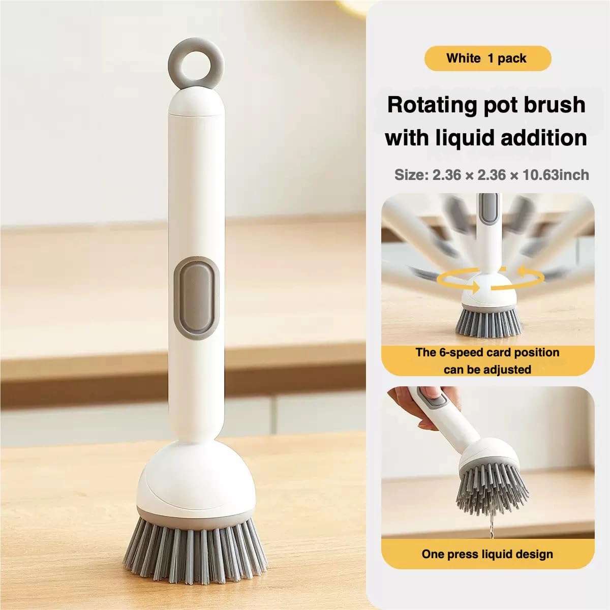 Long-Handled Rotating Pot Brush with Liquid Dispenser | Adjustable Dish Scrubber | Refillable Cleaning Brush for Kitchen | White