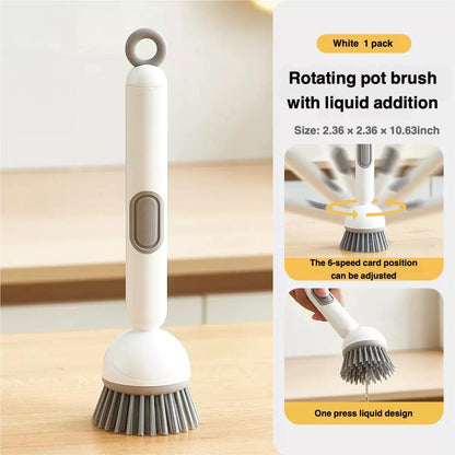 Long-Handled Rotating Pot Brush with Liquid Dispenser | Adjustable Dish Scrubber | Refillable Cleaning Brush for Kitchen | White