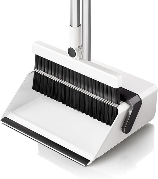 Broom with Dustpan Combo Set,UOEOS One-Sweep Clean,Pet Hair Removal Broom with Self-Cleaning Double-Layer Teeth,High Density Broom and Windproof Dustpan for Indoor&Outdoor
