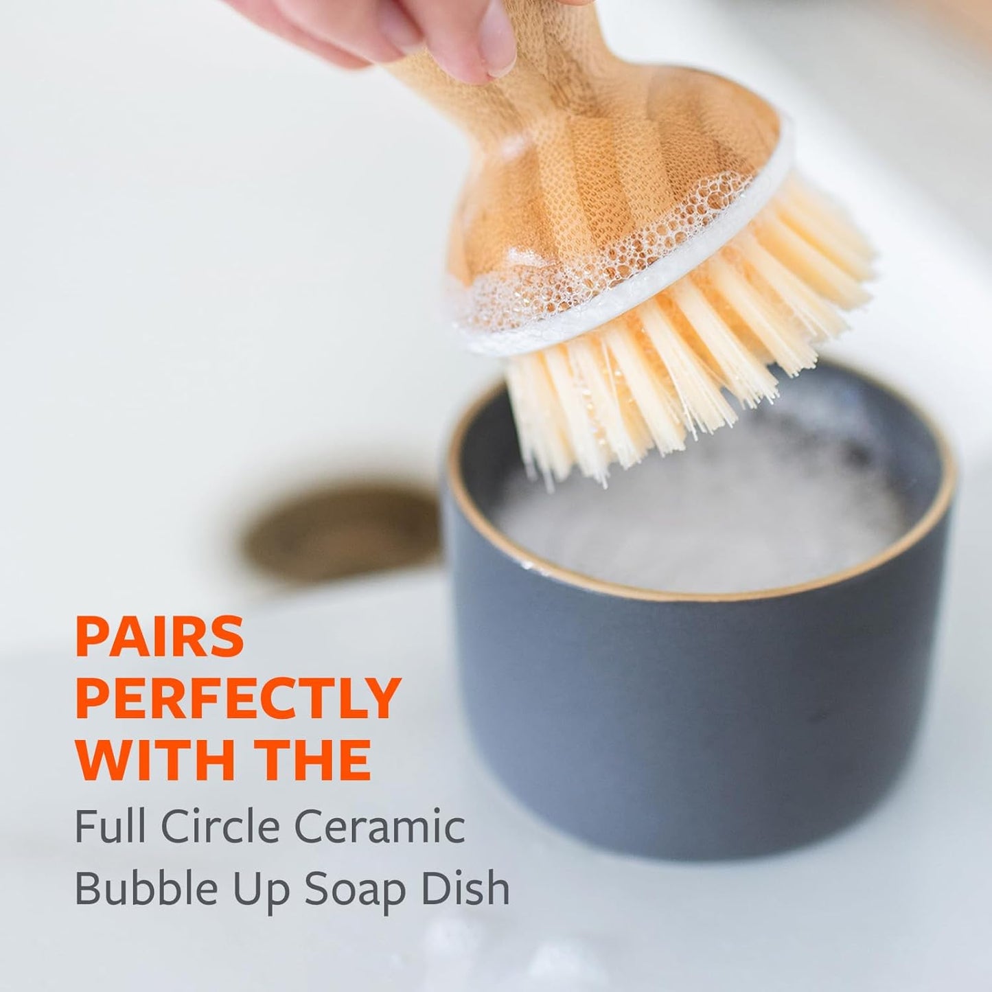 Full Circle Bubble Up Bamboo Dish Brush & Ceramic Soap Dispenser – Family Safe, Formaldehyde-Free – Kitchen Scrub Brush for Dishes, Nonstick & Cast Iron, Gray
