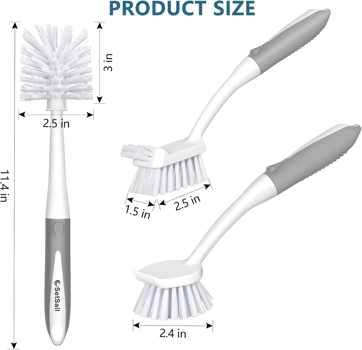 SetSail Dish Brush Set of 3 with Bottle Brush, Dish Scrub Brush with Long Handle Deep Cleaning Handle Brush with Scraper Tip for Kitchen Sink Dishes Bottle Cup Pot and Pans Tile Lines, Black