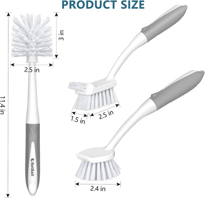 SetSail Dish Brush Set of 3 with Bottle Brush, Dish Scrub Brush with Long Handle Deep Cleaning Handle Brush with Scraper Tip for Kitchen Sink Dishes Bottle Cup Pot and Pans Tile Lines, Black
