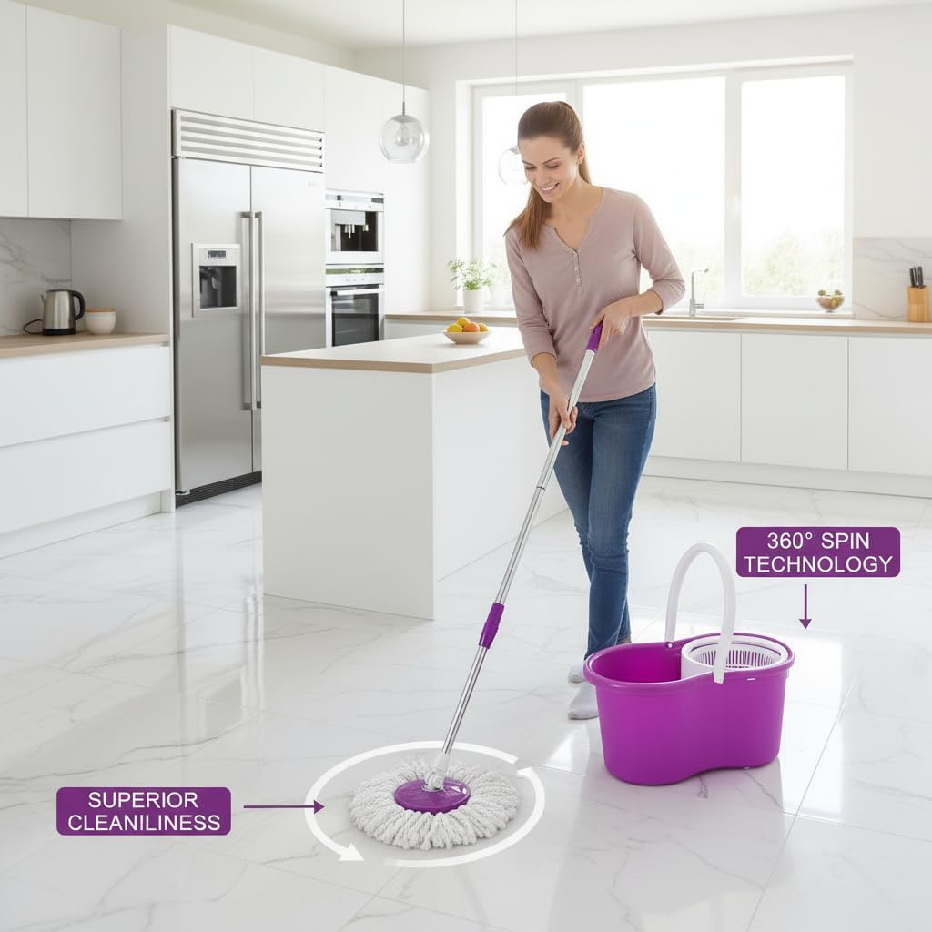 Mopping, 360° Microfiber Spin Mop with Bucket and Dual Mop Heads Self Wringing Spinning Mop Telescoping Handle Easy Floor Mop Floor Cleaning System for Home Kitchen Office Purple (US Stock)