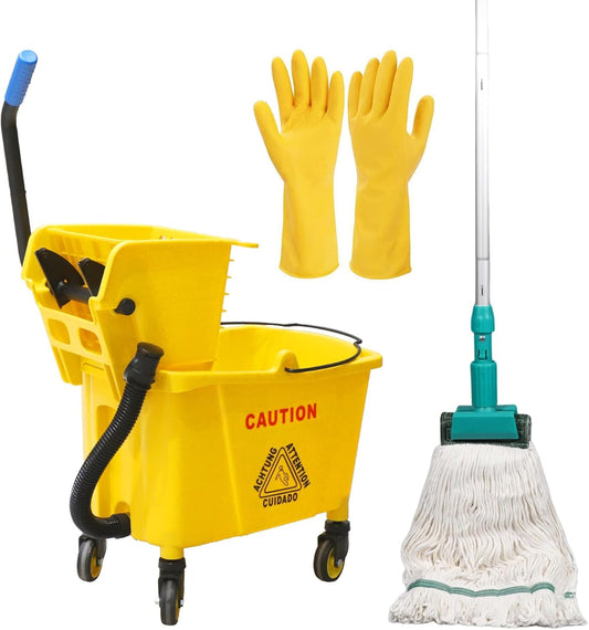 Side Press Wringer Combo Commercial Mop Bucket on Wheels, 35 Quart,Yellow, Including Commercial Mop and Rubber Gloves