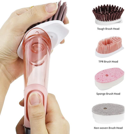4-in-1 Dish Cleaning Brush Soap Dispensing Dish Brush Set with 4 Replacement Heads and Storage Holder, Kitchen Scrub Brush for Dish Pot Pan Sink Cleaning (Grey)