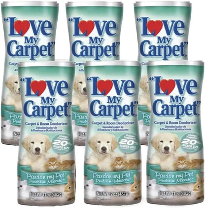 6 Love My Carpet | Carpet Deodorizer & Freshener Powder | 17 oz Pet Odor Eliminator for Strong Odor & Pet Urine | FRESH LINEN | Safe for Homes with Pets