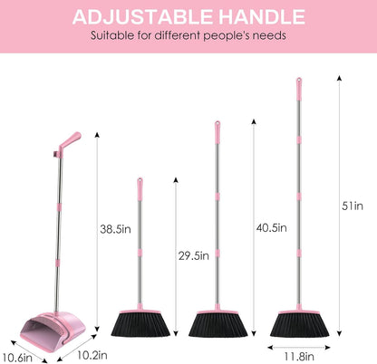Broom and Dustpan Set for Home, 51-in Long Adjustable Handle Angle Broom and Dustpan Combo Set with Dust Pan Teeth to Clean Hair for Home Kitchen Office Lobby Floor Garden (Black&White)