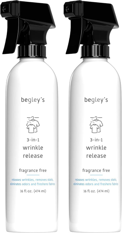 Begley's 3-in-1 Wrinkle Remover, Quick Fix Wrinkle Release, Static Cling Remover, Odor Eliminator and Fabric Refresher Spray - USDA Certified Biobased - Fragrance-Free, 3 oz Travel Size