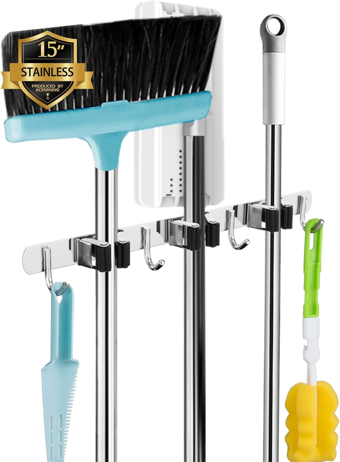 AceMining 5 Racks and 4 Hooks Mop and Broom Holder Wall Mount, Broom Organizer Storage Tool Racks Stainless Steel Heavy Duty Hooks Self Adhesive Solid Non-slip for Home Kitchen Garden Laundry Garage