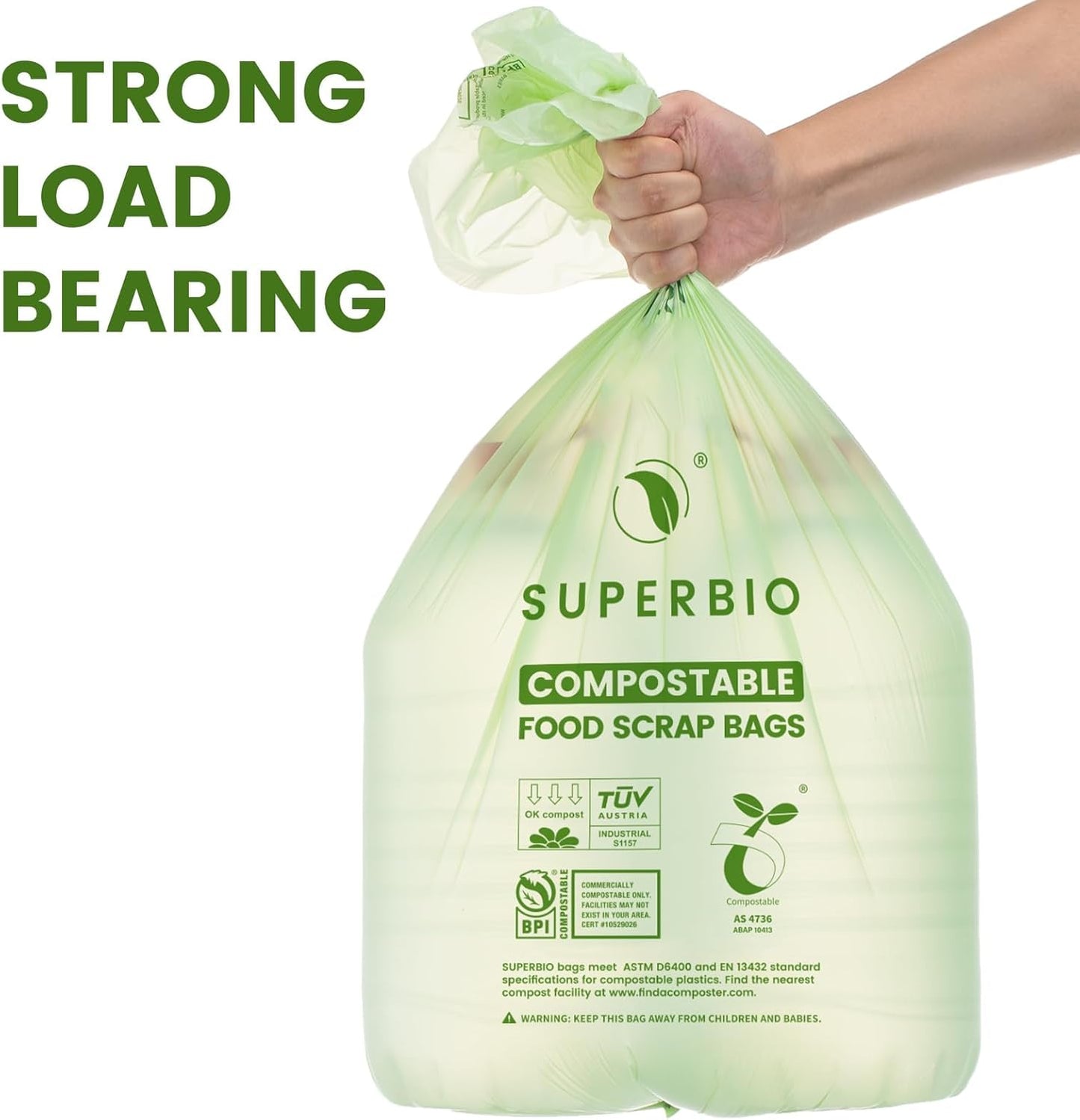 SUPERBIO 1.6 Gallon Handle Tie Compostable Food Scrap Bags For Counter Top Compost Bin, Small Compost Bags, 50 Count, 6 Liter, BPI & OK compost INDUSTRIAL Certified