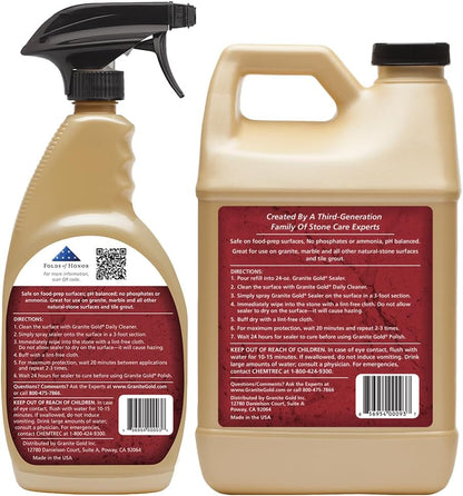 Granite Gold Granite Sealer Combo Pack, Water-Based Sealer Spray and Refill for Granite, Marble, Travertine, Natural Stone Countertops, 24 oz + 64 oz