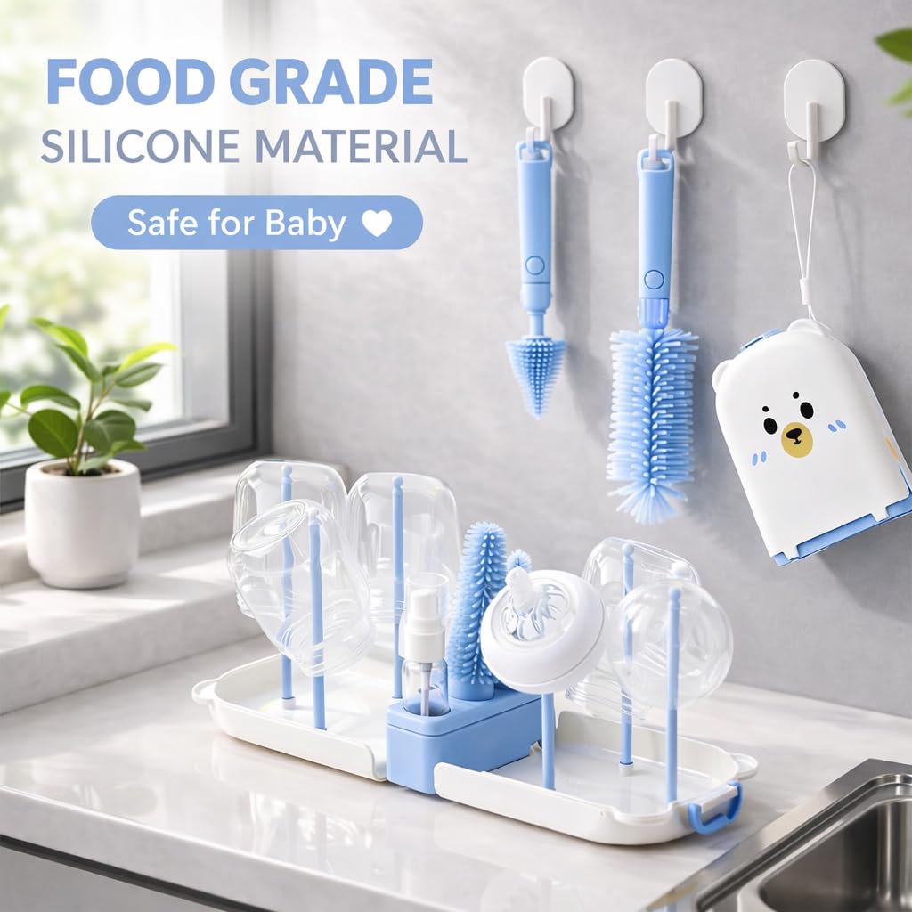 Travel Bottle Cleaner kit, 7in1 Baby Toddler Travel Essential Silicone Bottle Brush Set, Nipple, Drying Rack, Straw, & Breast Pump Cleaning, Soap Dispenser & Organizer Case, Gift Mom