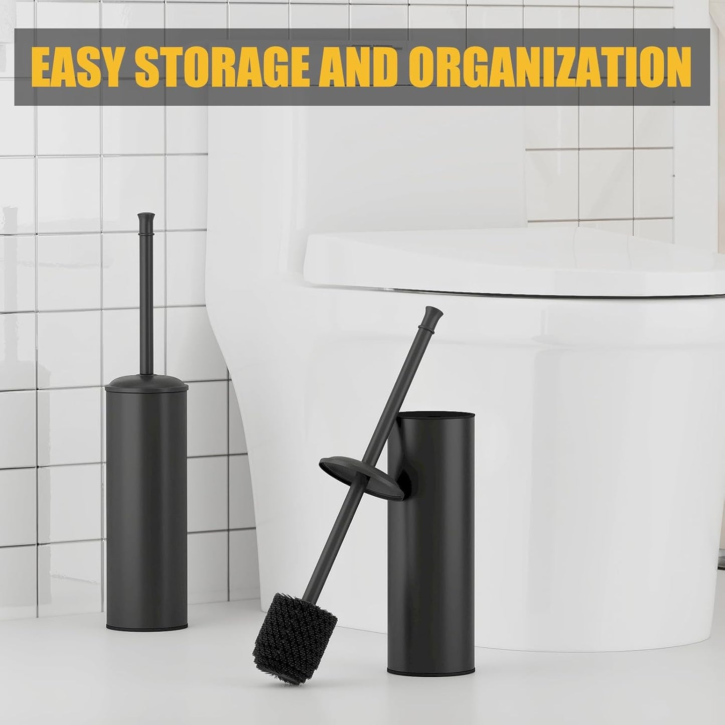 BESy Toilet Brush and Holder, Toilet Cleaner Bowl Set with Two Brush with Extra Long Handle, Durable Bristles Toilet Scrubber and Covered Holder, Drip-Proof Stainless Steel Oil Rubbed Bronze