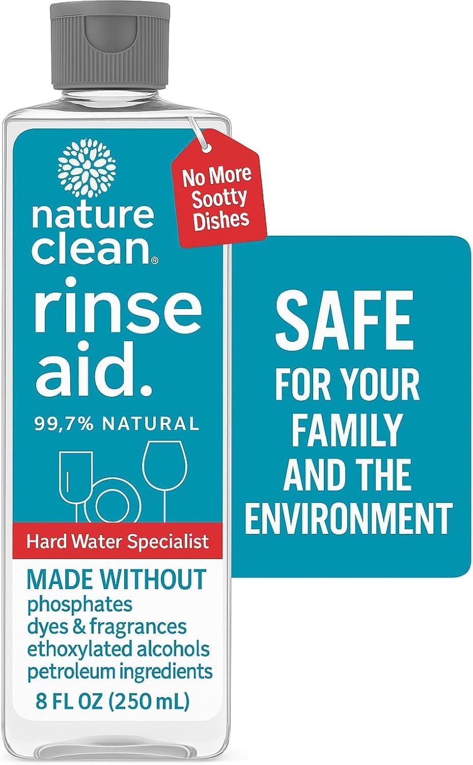 Nature Clean All Natural Dishwasher Rinse Aid Cleaner, Liquid Dishwasher Rinse Agent Spot-Free Glass & Cutlery in Hard Water, Non-Toxic Dish Washer Drying Agent & Stain Remover, 8 oz/250ml, Pack of 1