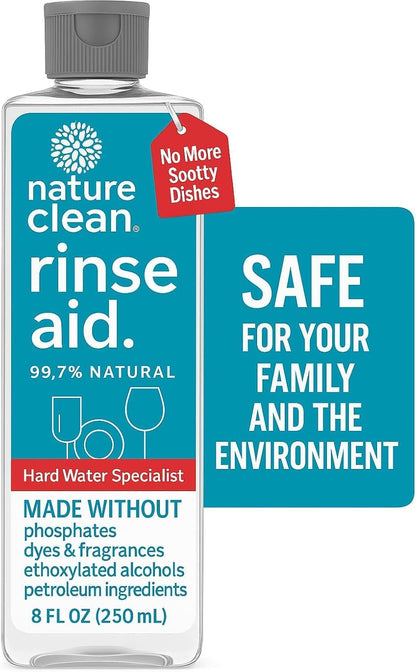 Nature Clean All Natural Dishwasher Rinse Aid Cleaner, Liquid Dishwasher Rinse Agent Spot-Free Glass & Cutlery in Hard Water, Non-Toxic Dish Washer Drying Agent & Stain Remover, 8 oz/250ml, Pack of 1