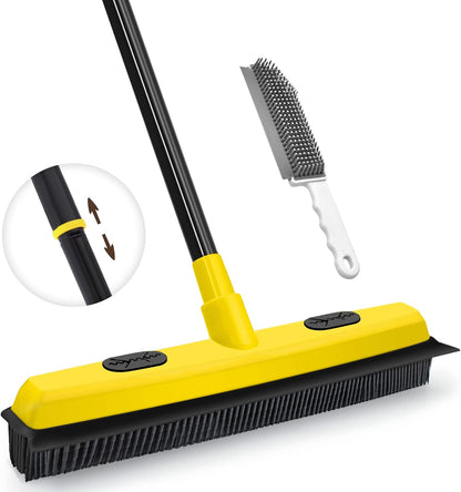 Rubber Broom with Squeegee, Carpet Rake for Pet Hair Removal 54 Inches Long Handle, Fur Remover, Portable Detailing Lint Brush for Fluff Carpet, Window, Tile, Hardwood Floor