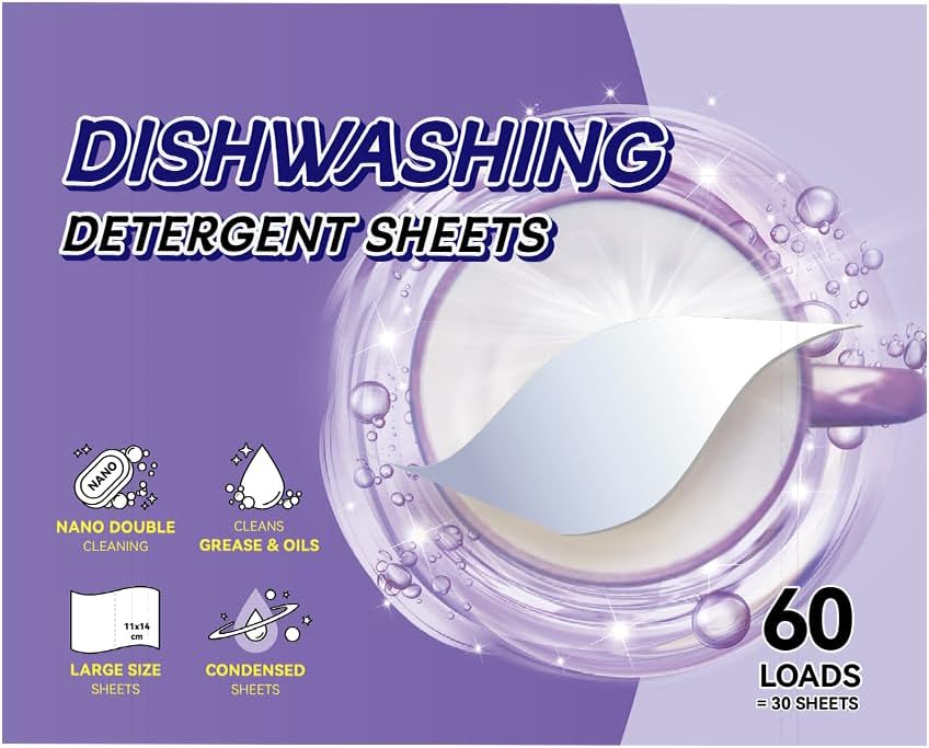 Dishwasher Detergent Sheets, Unscented Dishwashing Detergent, Dishwasher Pods Alternative, Double Cleaning Formula, Condensed, Concentrated, Large Size, 60 Loads Count, 30 Sheets, White