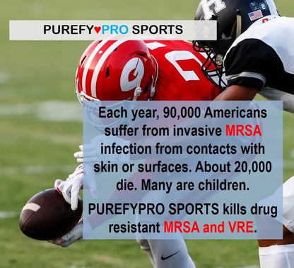 Purefypro Sports Equipment Disinfectant Spray - (3.4oz, 2pk) TSA Travel Size. Kills 99.9999% MRSA, HIV, Athlete Foot Fungus, Virus and Fungi. No Rinse, No Residue. Great For Sports Pads, Yoga Mats,