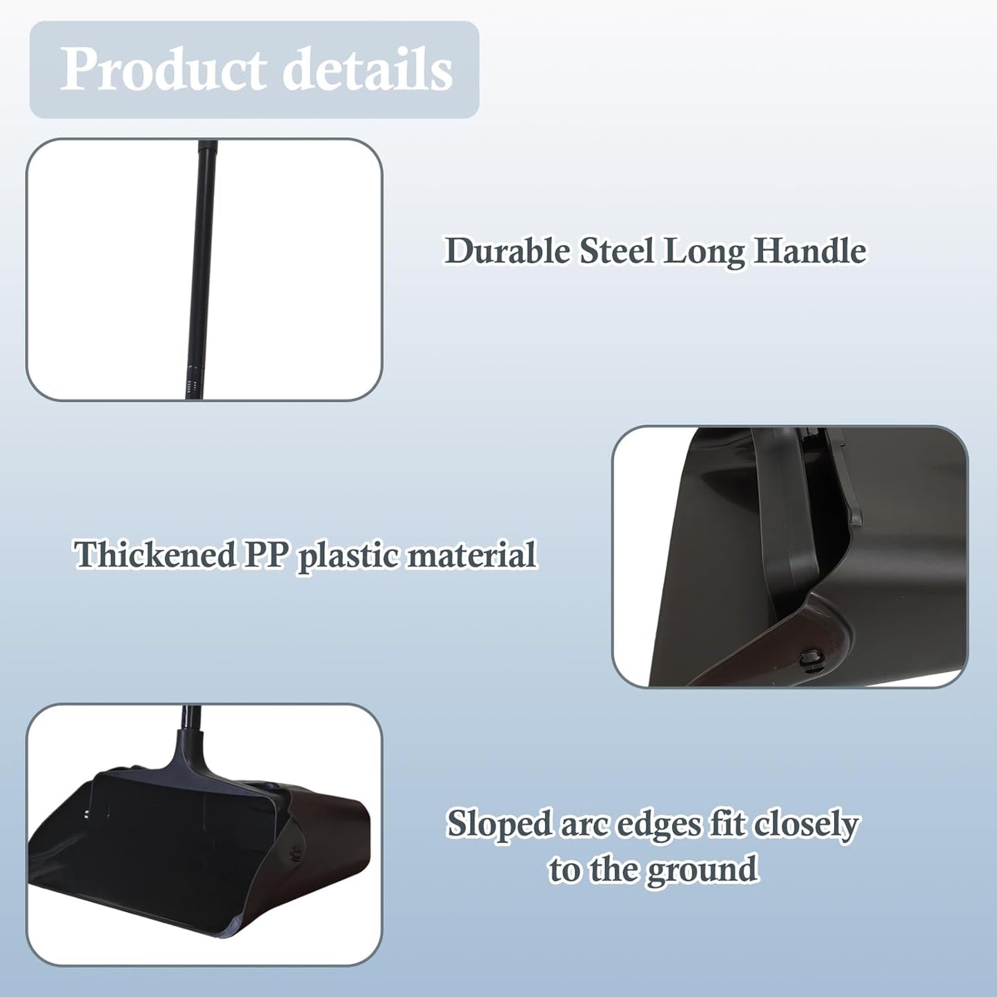 Pivoting Upright Dust Pan with Long Handle and Wheels, Large Capacity, Heavy Duty Commercial Dustpan for Indoor Outdoor, Standing Dust Pan for Home and Restaurant Cleaning, Black