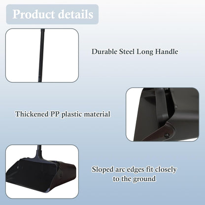 Pivoting Upright Dust Pan with Long Handle and Wheels, Large Capacity, Heavy Duty Commercial Dustpan for Indoor Outdoor, Standing Dust Pan for Home and Restaurant Cleaning, Black