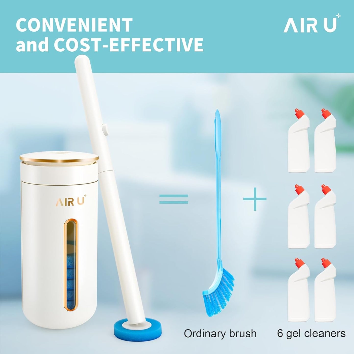 AIR U+ Disposable Toilet Brush, Toilet Bowl Cleaning System with 24 Count Wand Refill, Clean Brush Starter Kit with 1 Toilet Wand, 1 Storage Caddy and 1 Fragrant Tablet (1 + 24)