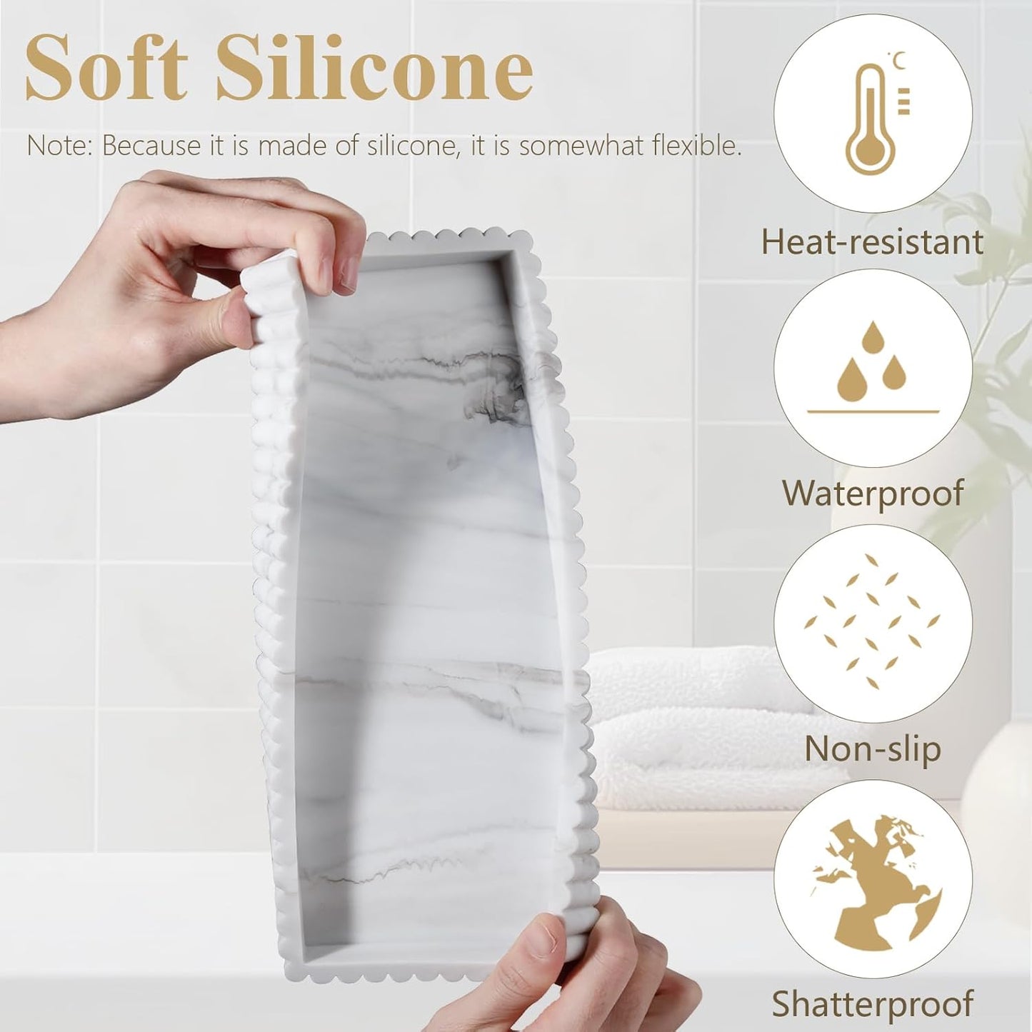 Silicone Bathroom Tray Small Vanity Organizer Rectangle Sink Caddy Sponge Holder Kitchen Counter Decor for Dish Soap, Perfume, Candle, Beige