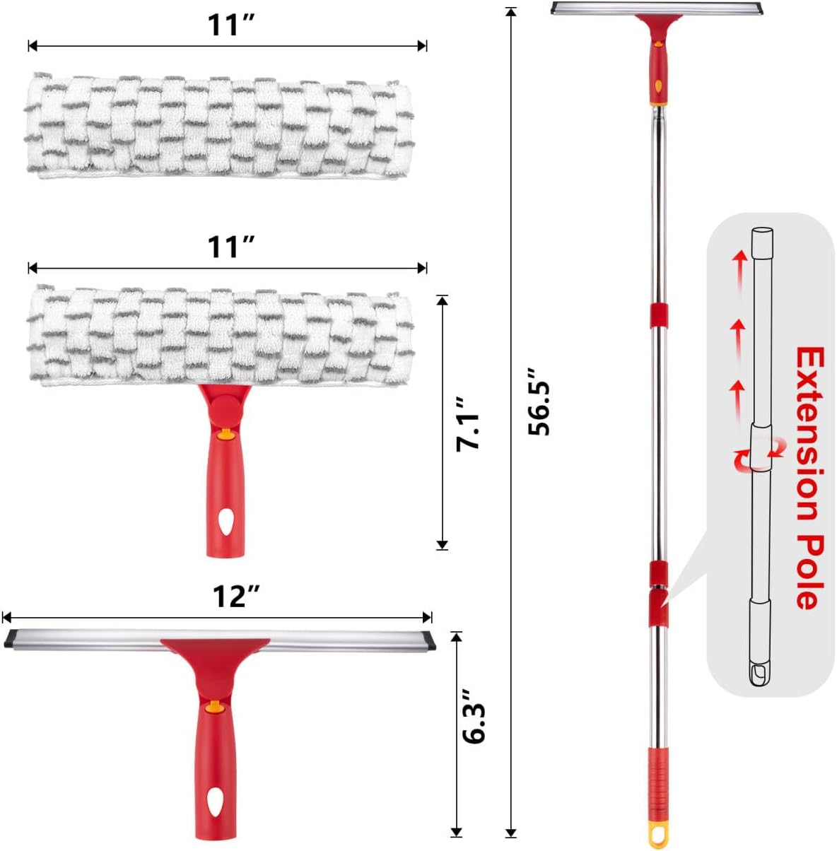 Window Washing Kit with Extension Pole, 10" Squeegee & 11" Microfiber Scrubber Combi with Stainless Steel Pole, Window Cleaner for Car, Sliding Door,Shower Glass Door-Swivel Style-2 Pads