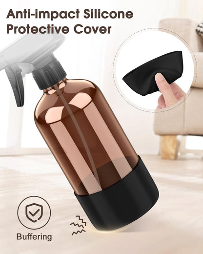 Bontip Glass Spray Bottle with Silicone Sleeve Protection, Amber Glass Spray Bottle Set for Window Cleaner Aromatherapy Facial Hydration Watering Flowers Hair Care 2 Pack/16 oz (Black & Brown)
