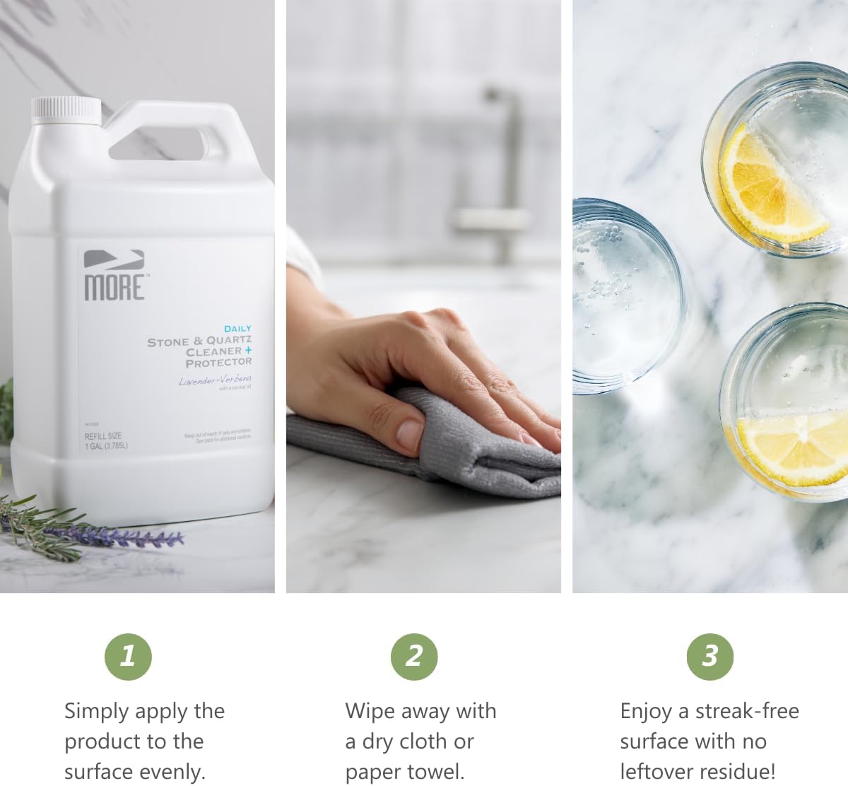 MORE Stone & Quartz Cleaner + Protector - Water-Based Surface Spray - Granite, Quartz & Marble Cleaner - For Kitchen & Bathroom Countertops & Floors - Peppermint-Thyme Essential Oil - Pint (16oz)