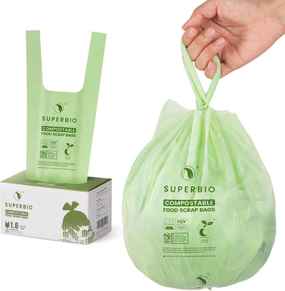 SUPERBIO 13 Gallon Compostable Kitchen Waste Bags with Handles, Food Scrap Bags Certified by BPI, OK compost INDUSTRIAL, 30 Count, 49.2L
