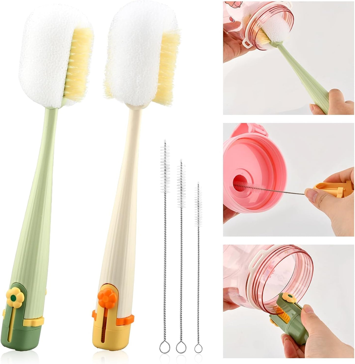 5 in 1 Bottle Cleaning Brush Set, Multifunctional Kitchen Lid Brush Cleaning Tool and Straw Cleaner, Long Handle Bottles Scrubber for Cup Lids, Hard Bristle Sponge Head Bottle Brushes