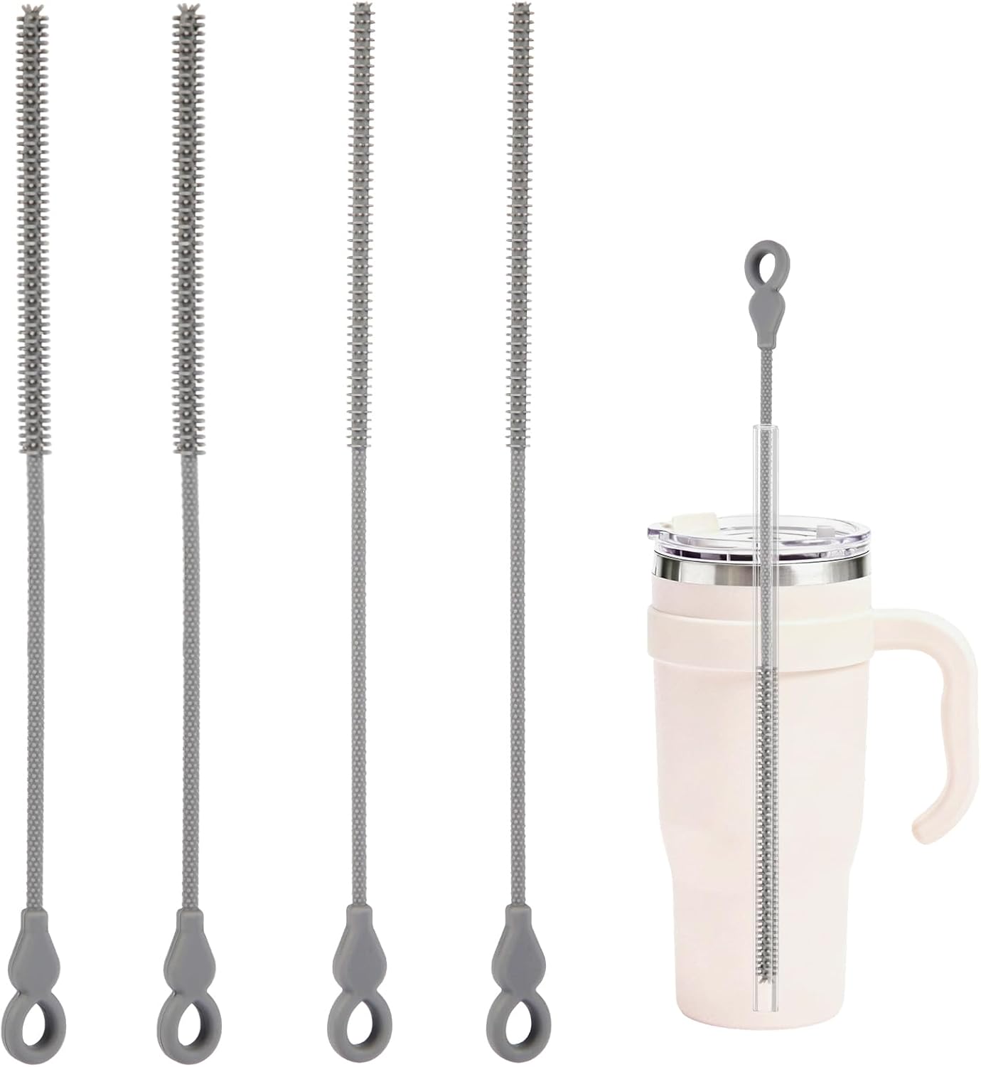 Silicone Straw Cleaner Brush, 4-Piece Reusable Straw Brush Set with Extra-Long Design for Cleaning Thin Metal Straws and Wider Milkshake Straws （6mm+9mm Pink)