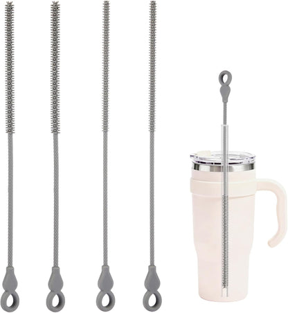 Silicone Straw Cleaner Brush, 4-Piece Reusable Straw Brush Set with Extra-Long Design for Cleaning Thin Metal Straws and Wider Milkshake Straws （6mm+9mm Pink)