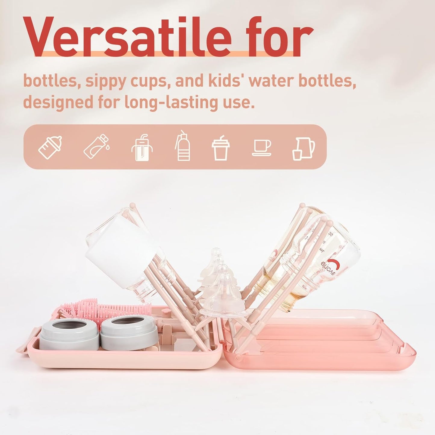 Baby Bottle Brush Set, 6-in-1 Travel Bottle Cleaner Kit with Silicone Bottle Brush, Nipple & Straw Brush, Soap Dispenser, Drying Rack, Storage Box – Compact Baby Travel Essential for Home & On-The-Go