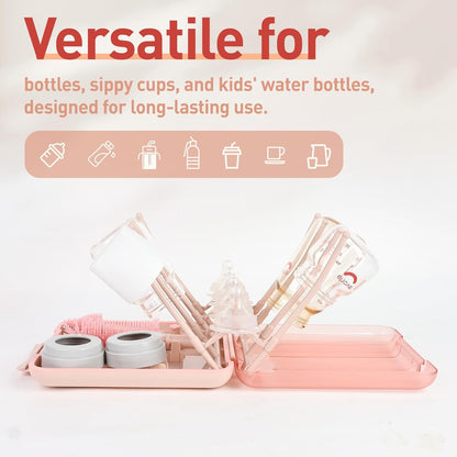 Baby Bottle Brush Set, 6-in-1 Travel Bottle Cleaner Kit with Silicone Bottle Brush, Nipple & Straw Brush, Soap Dispenser, Drying Rack, Storage Box – Compact Baby Travel Essential for Home & On-The-Go