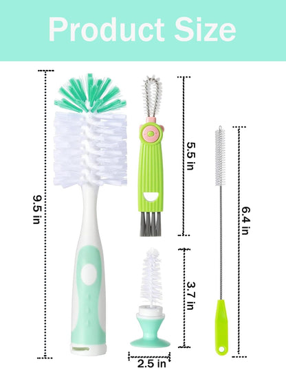Baby Bottle Brush Set 4 in 1, Baby Bottle Cleaner, with 1P Nylon Bottle Brush, 1P Bottle Cap Brushes, 2P Straw Brushes, Bottle Brush with Nipple Cleaner and Suction Cup, BPA-Free(Green)