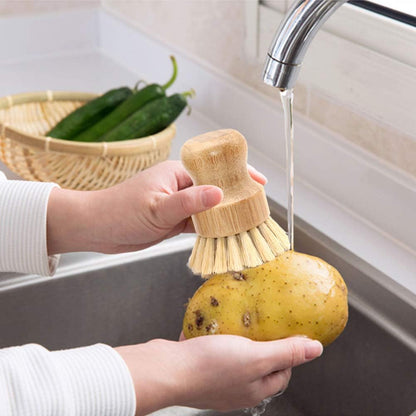 5 Pack Natural Bamboo Cleaning Brush Set, Pot Dish Scrub Brush with Handle and Flannel Bag Kitchen Brushes for Cast Iron Pots, Pans, Vegetable and Kitchen Cleaning