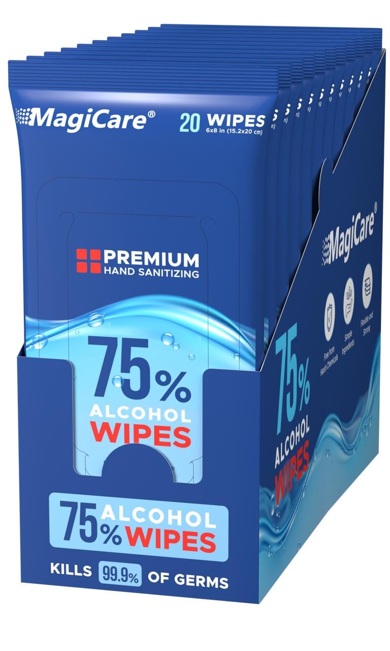 MagiCare 75% Travel Size Alcohol Wipes, Large (10, 20ct Packs, 200ct) - Hand Sanitizer Wipes, Unscented Hand Travel Wipe, Cleaning, Sanitizing - Wet Wipe to Go for Car, Bag, Purse, Airplane