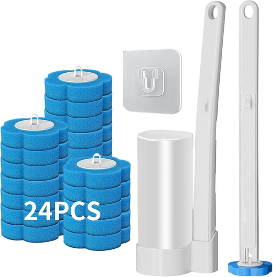 Disposable Toilet Brush Set with 24 Refill Heads | Hygienic Cleaning Wand & Holder Kit | Wall Mount or Stand, for Bathroom, Tub & Sink