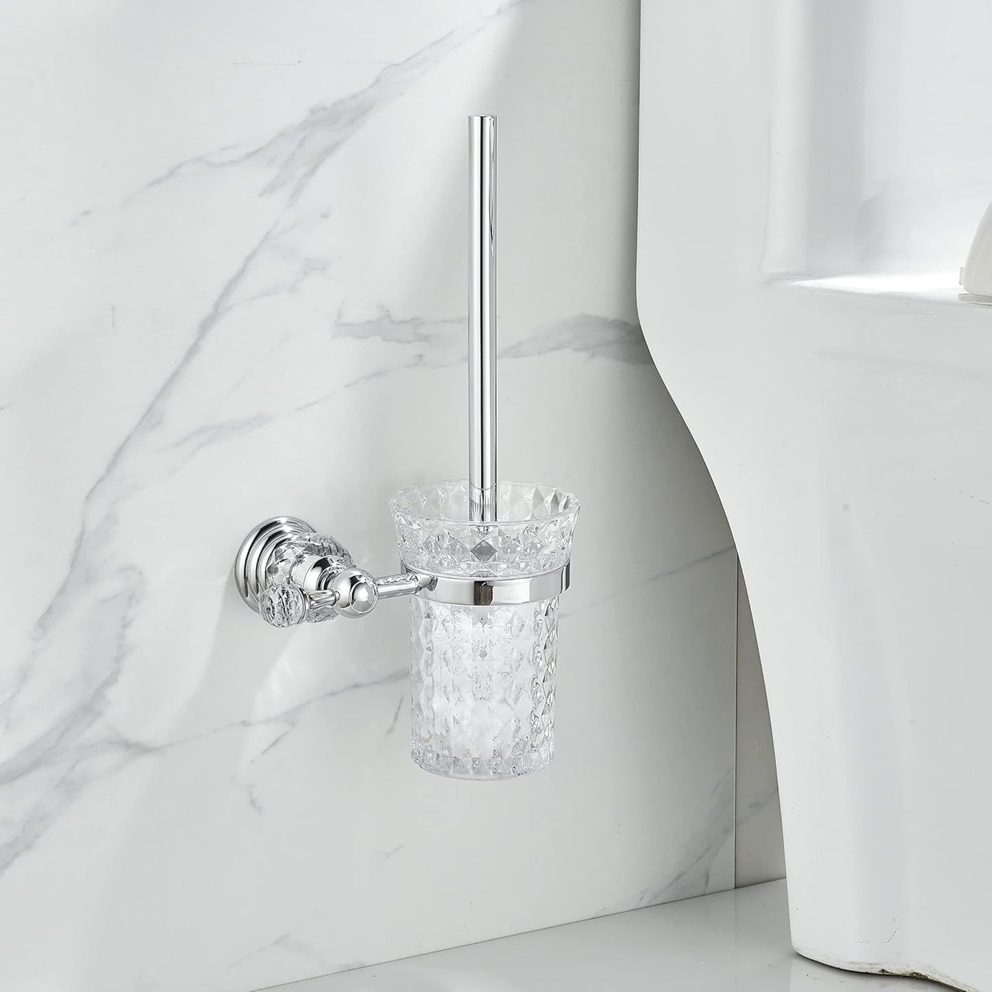 WOLIBEER Crystal Toilet Brush Holder, Polished Gold Brush Handle with Replaceable Brush Head, Stainless Steel Bathroom Cleaning Set Wall Mounted