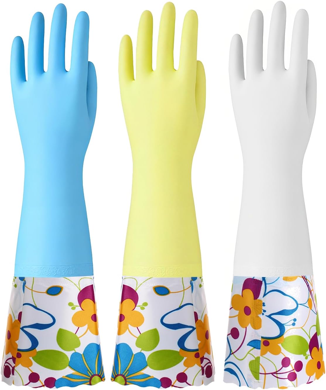 Bamllum 3 Pairs Rubber Cleaning Gloves, Household Kitchen Dishwashing Gloves with Cotton Flocked Liner, Long Cuff 16 Inches, Reusable, Non-Slip (Medium, Blue+Pink+White)