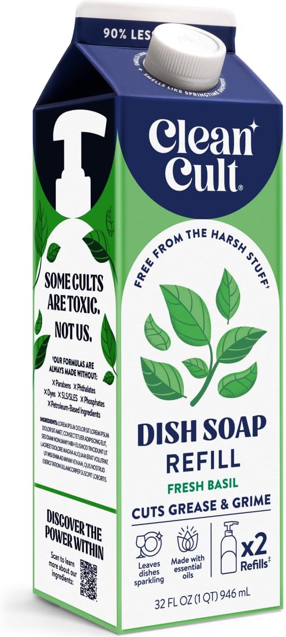 Cleancult Dish Soap Liquid Refill (32oz, 3 Pack) - Plant Based Cleaning Power - Dish Soap that Cuts Grease & Grime - Free of Harsh Chemicals - Uses 90% Less Plastic - Fresh Rain