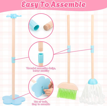 Kids Cleaning Set, Wooden Toddler Broom Set for Housekeeping, 8 Pieces Montessori Cleaning Toys with Kids Broom and Mop Set, Housework Pretend Play Toy Gift for Boys Girls Ages 3+