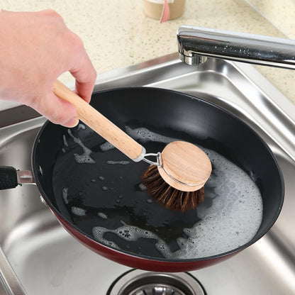 Bamboo Dish Brush Set, 1 Wooden Handle with 3 Natural Bristle Heads All Purpose Kitchen Scrub Brush with Sisal and Palm Horsehair for Cleaning Dishes Pans Vegetables(Color:Brown)
