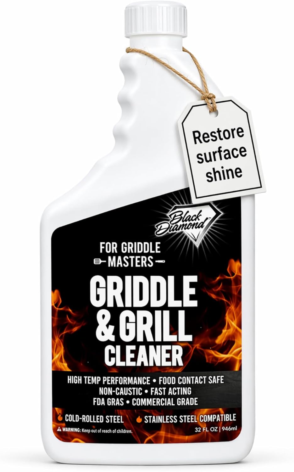 Black Diamond Stoneworks Griddle & Grill Cleaner – Flat Top Griddle Cleaner, Non-Caustic, Food-Contact Safe, Unscented, Residue-Free, Stainless & Cold-Rolled Steel, 32 fl oz (32)