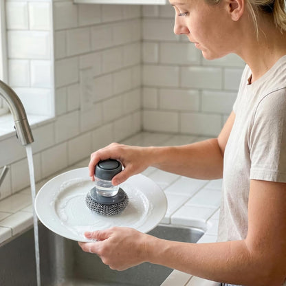 Comfort Grip Soap Dispensing Kitchen Scrub, Heavy Duty Kitchen Scrub Brush with Comfort Grip, Replaceable Cleaning Balls, Non-Slip Handle for Dishes, Pots, Pans, Sinks & Countertops (2 + 4pcs Balls)