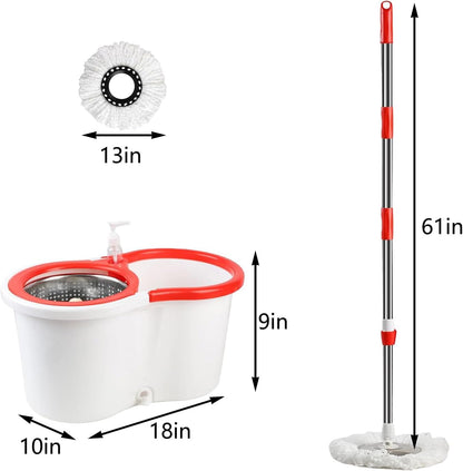 Spin Mop and Bucket with Wringer Set,for Floor Cleaning,with Floor Scrub Brush,61" Adjustable Handle and 6 Microfiber Mop Head(White)