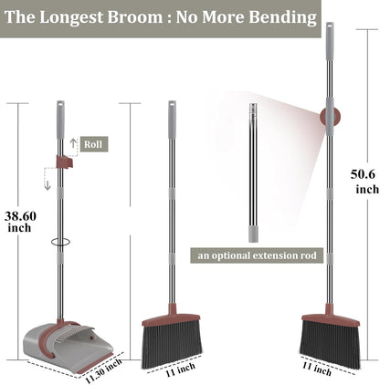 Ivandar Broom and Dustpan Set for Home, Broom and Dustpan Combo for Office, Long Handle Broom with Upright Standing Dust pan,Indoor&Outdoor Sweeping (Gray&Orange)