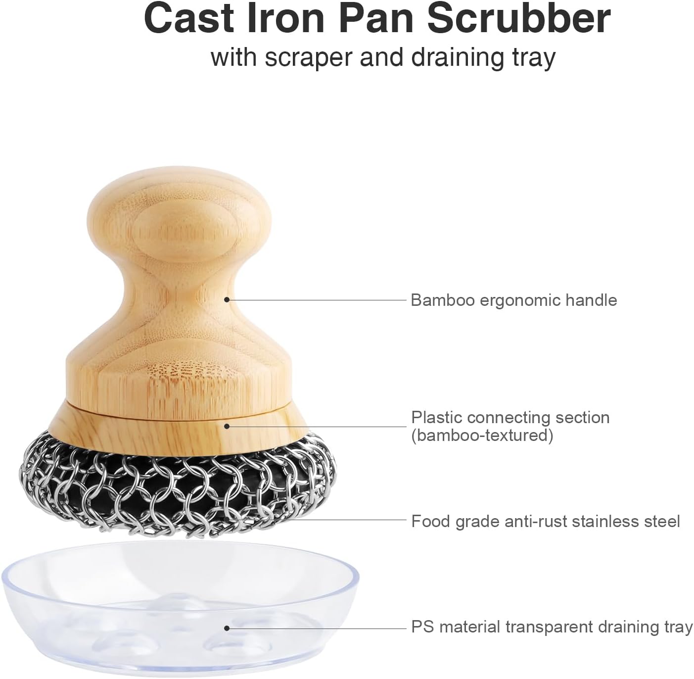 Cast Iron Scrubber and Scraper,Chain Mail Cleaner with Bamboo Handle & Draining Tray,316 Stainless Steel Brush for Cleaning Pots,Pans,Wok,Bakeware,Griddles, Grills,Dishes (Small Chain Mail)
